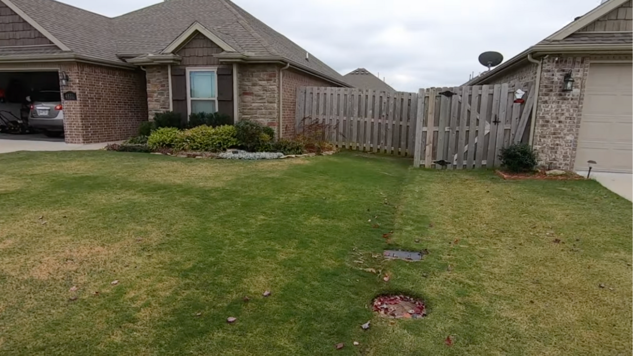 Neighborhood sidewalk beside dormant bermudagrass showing darker patches and lawn edges where clippings could accumulate.